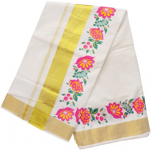 Floral  Jari Print Kasavu Saree